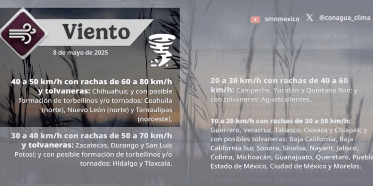 Protección Civil advierte sobre lluvias muy fuertes, granizo, vientos de hasta 70 km/h y riesgo de torbellinos en zonas del norte del estado.