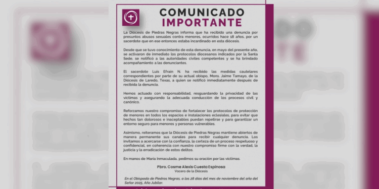 Iglesia emite comunicado oficial por caso de sacerdote investigado desde 2007.