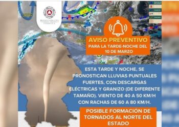 Autoridades alertaron por lluvias fuertes, granizo y vientos intensos en la región fronteriza.