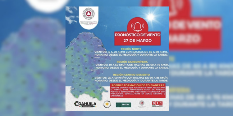 Se prevén rachas de viento durante la tarde y noche en Piedras Negras, con mayor intensidad a partir de las 19:00 horas.