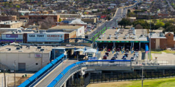 Aerial shot of Eagle Pass, Texas on a clear sunny day in spring. Eagle Pass is the oldest settlement on the Rio Grande River along the United States border with Mexico.