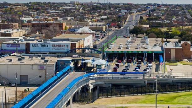 Aerial shot of Eagle Pass, Texas on a clear sunny day in spring. Eagle Pass is the oldest settlement on the Rio Grande River along the United States border with Mexico.