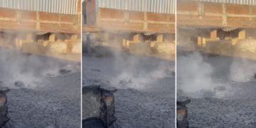 Elementos de Protección Civil mantienen acordonada la zona donde surgió el fenómeno geotérmico en El Salitre, Michoacán.