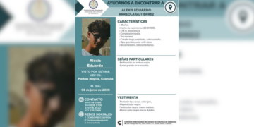 La Comisión de Búsqueda de Personas de Coahuila solicita apoyo para localizar a Alexis Eduardo Arreola Gutiérrez, desaparecido en Piedras Negras desde el 3 de junio.