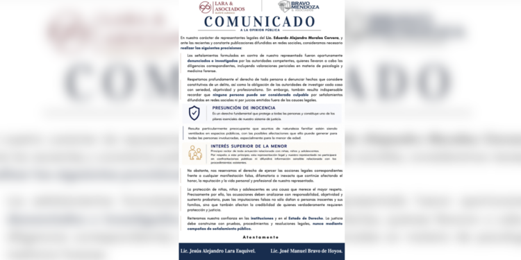 La defensa legal de Eduardo Alejandro Morales Cervera pidió que los señalamientos sean atendidos por las autoridades competentes y dentro del marco legal correspondiente.