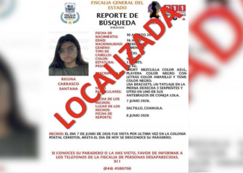 Regina Carrasco Santana fue localizada y entregada a sus familiares tras varios días con reporte de búsqueda.