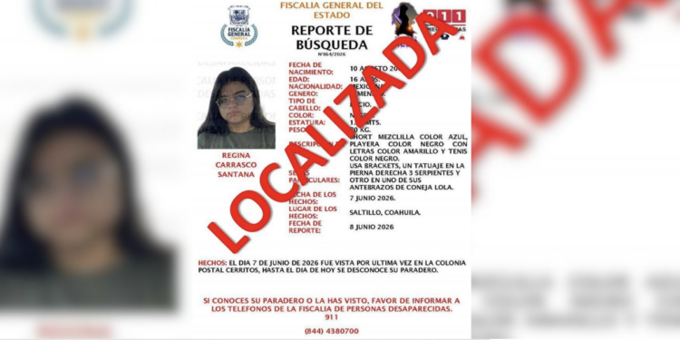 Regina Carrasco Santana fue localizada y entregada a sus familiares tras varios días con reporte de búsqueda.