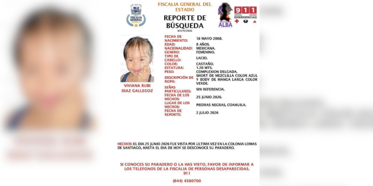 La Fiscalía de Personas Desaparecidas mantiene activos los protocolos de búsqueda para localizar a Viviana Rubí Díaz Gallegoz.