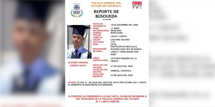 Buscan a joven de 17 años desaparecido desde el lunes en Sabinas.