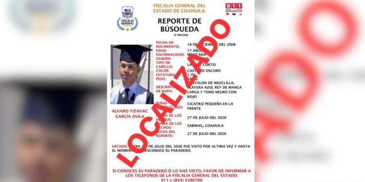 Localizan con vida a adolescente reportado como desaparecido en Sabinas.
