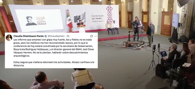 Claudia Sheinbaum informó que presenta una fuerte gripe, tos y fiebre, por lo que sus médicos le recomendaron reposo.