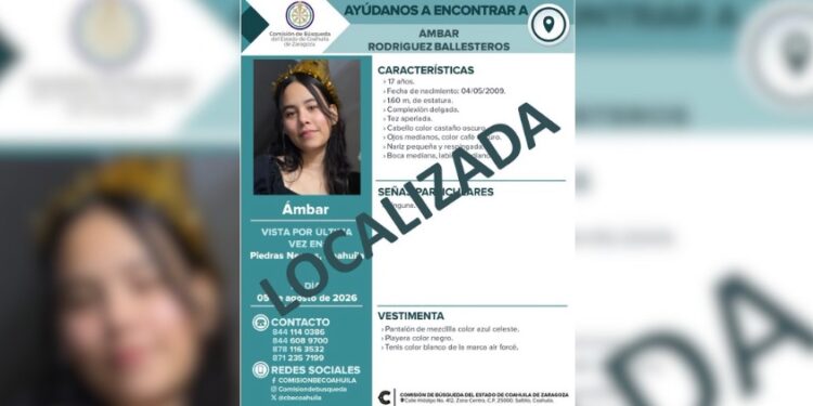 Confirman localización de Ámbar Rodríguez Ballesteros en Piedras Negras.